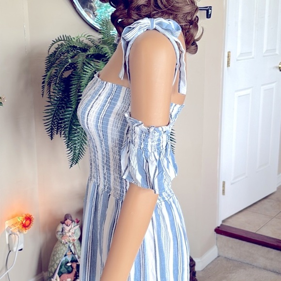 Ocean Drive Jumpsuit 100% Rayon Blue & White Striped Bow Ties Open Shoulder - Picture 6 of 15